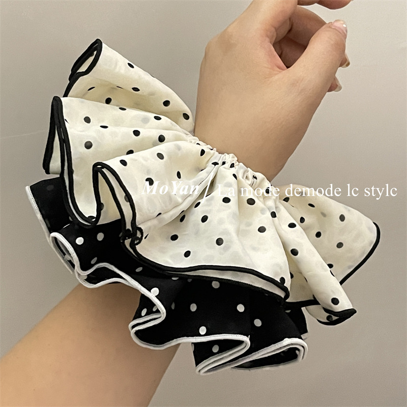 Double-layer white large polka dot large intestine hair band, elegant retro edge hair tie, French simple and elegant hair flower hair tie pic 6