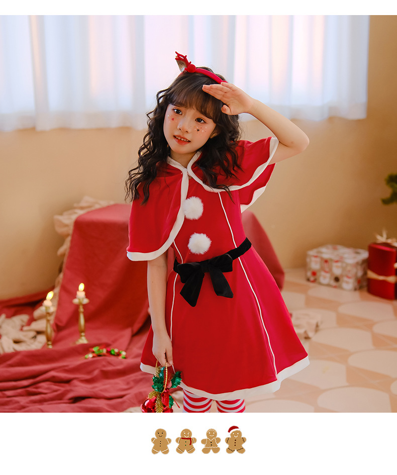圣诞节儿童服装女童披肩斗篷连衣裙红色裙子派对装扮服饰圣诞老人详情16