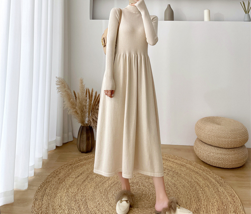 Semi-high neck mid-length elegant woolen dress, new autumn/Winter 2024 Korean-style long-sleeved base knitted dress for women pic 40
