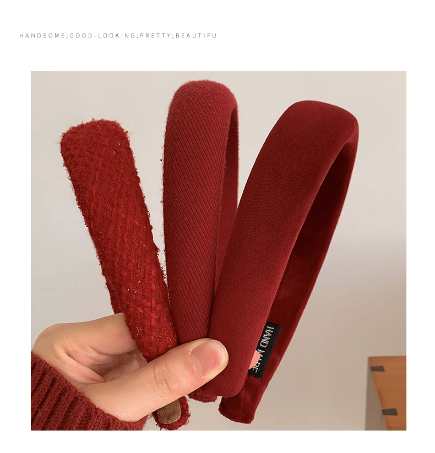 2024 New Year Spring Retro Hong Kong-style wine red velvet headband with checkered French sponge high top headband pic 4