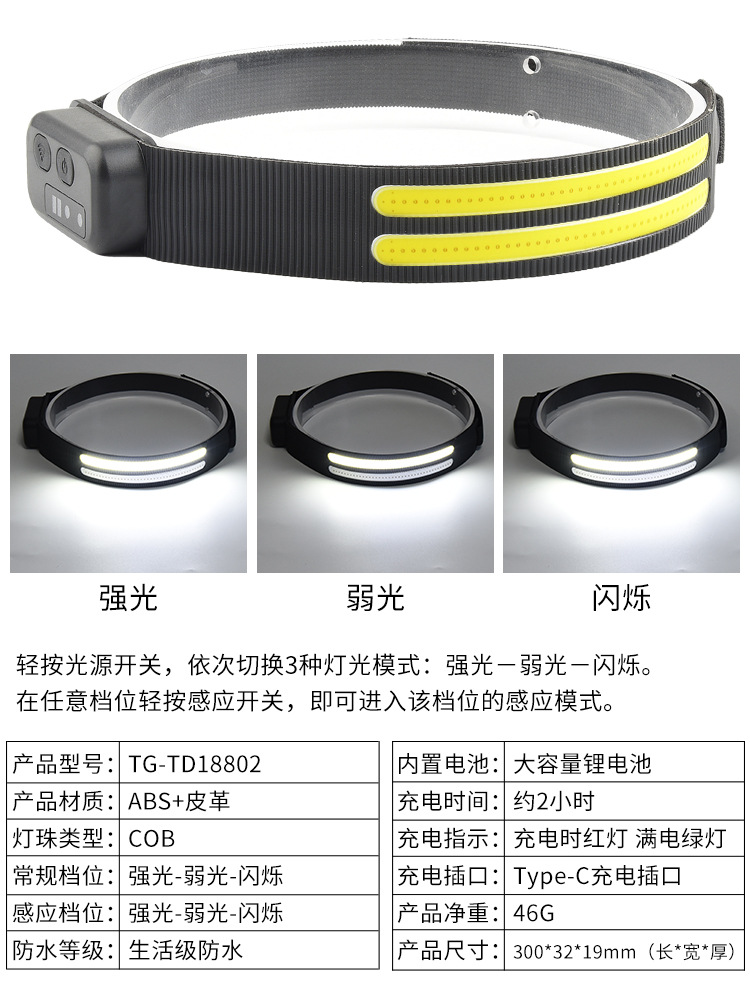 New hand-waving sensor TYPE-C rechargeable headlamp, outdoor strong light COB head-mounted cycling and running red and blue light pic 9