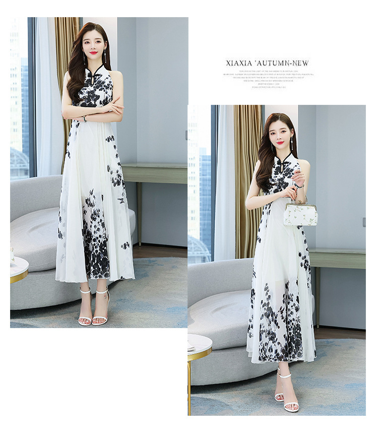 改良旗袍连衣裙女2022夏季新款时尚洋气削肩年轻款中国风水墨印花详情30