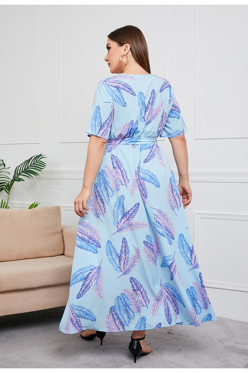 2024 Cross-border new French-style elegant plus-size dress with a V-neck, short sleeve and cinched waist, featuring a simple floral design pic 37