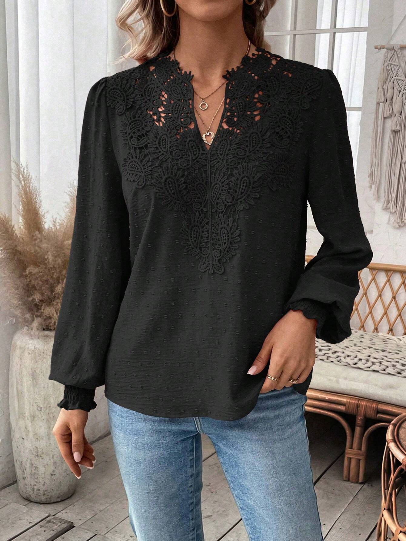 The new autumn and winter fashion V-neck lace solid color long-sleeved casual T-shirt for women on Amazon Cross-border in Europe and America in 2024 pic 37