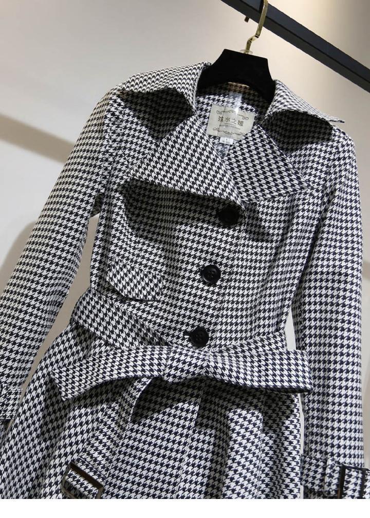 赫本风裙摆风衣收腰千鸟格女式中长款外套大衣年新款详情18