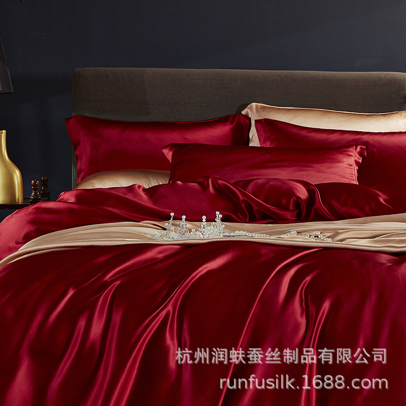 Heavyweight 25mm 100% mulberry silk bedding, wedding silk four-piece set, silk quilt cover and bed sheet pic 34