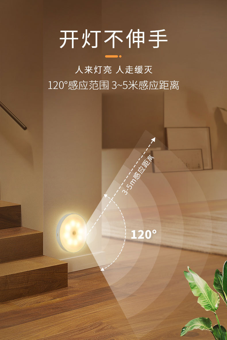 智能人体感应灯卧室睡眠过道楼道无线自粘声控起夜小夜灯LED充电详情6