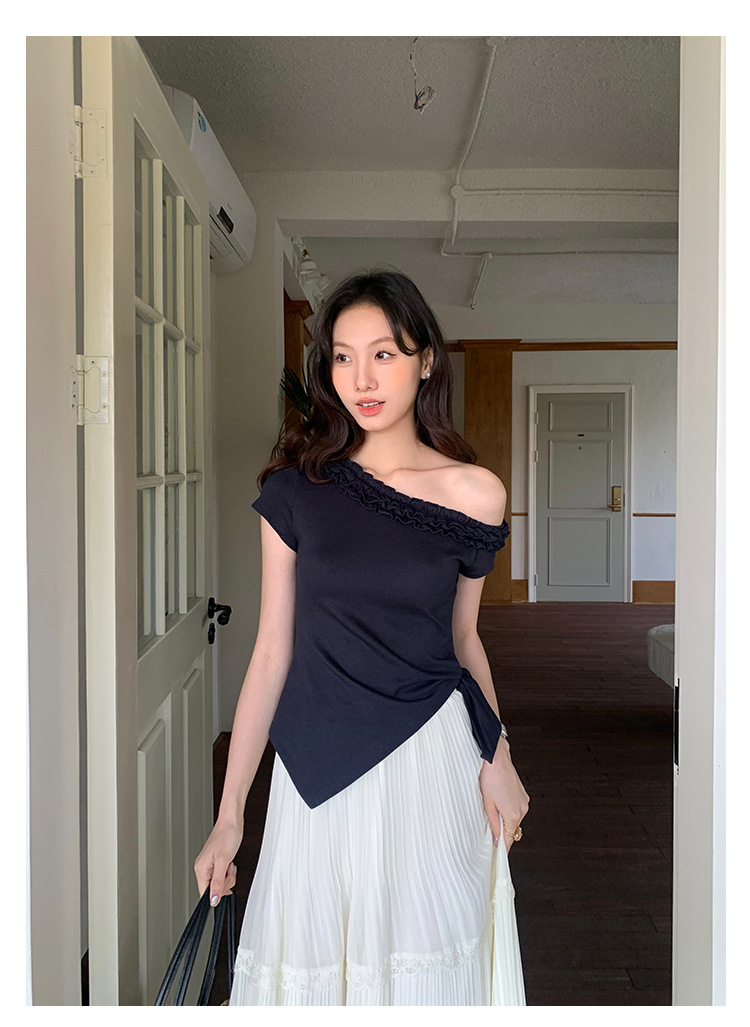 爱西里2025夏季减龄甜美拼木耳花边斜肩下摆不规则短袖T恤女13835详情13