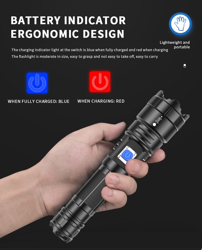 跨境新款XHP70 强光手电21700锂电池TYPE-C USB充电户外强光手电详情13