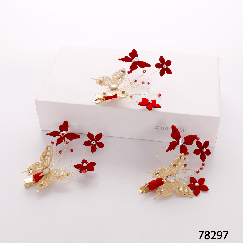 New large red hair clips from Japan and South Korea, Chinese-style bride headwear, wedding toasting attire, with diamond-encrusted butterfly-shaped clip accessories at the side pic 14