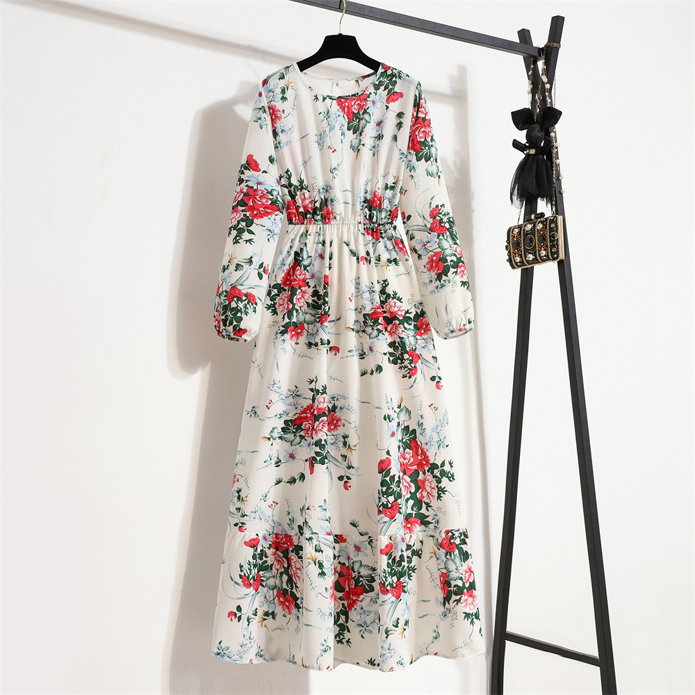 European and American floral long, round-neck, long-sleeved, waist-cinching and slimming dress pic 81