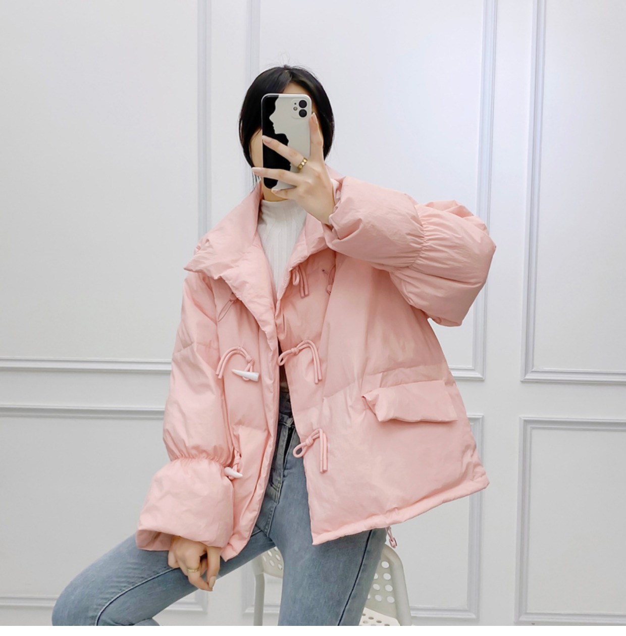韩系仙女牛角扣羽绒服女洋气短款新款韩版宽松白鸭绒面包服外套潮详情13