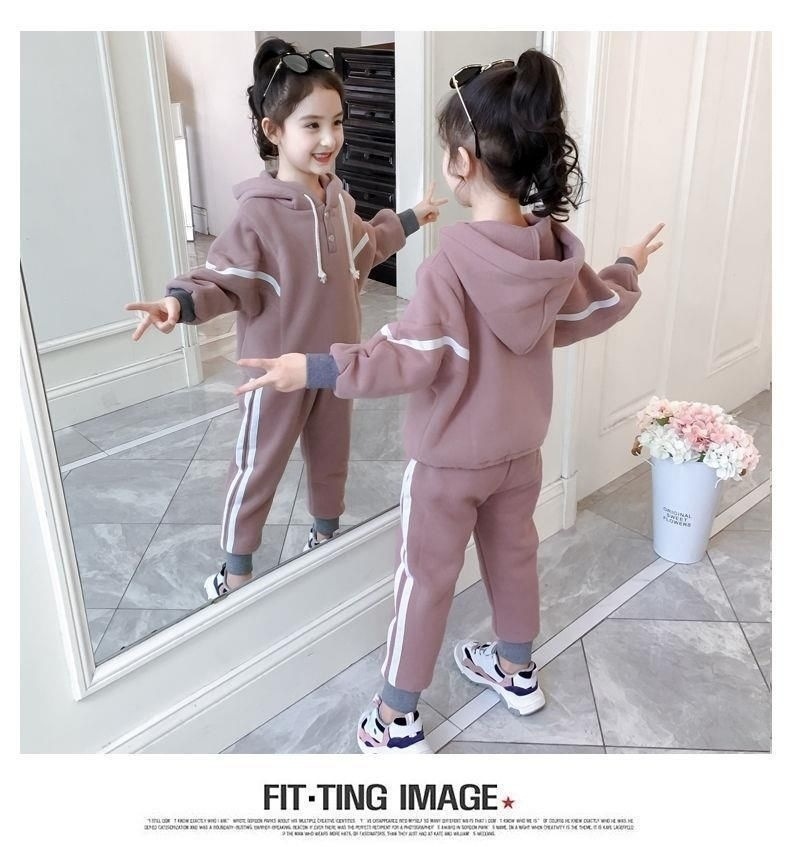 外贸加绒秋冬季2022新款儿童女童服装拼接连帽卫衣套装两件套批发详情15