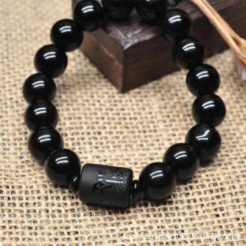 Wholesale imitation crystal obsidian single-loop bracelets, frosted dragon and phoenix bucket beads, couple bracelets for men and women, and Buddhist prayer beads pic 6