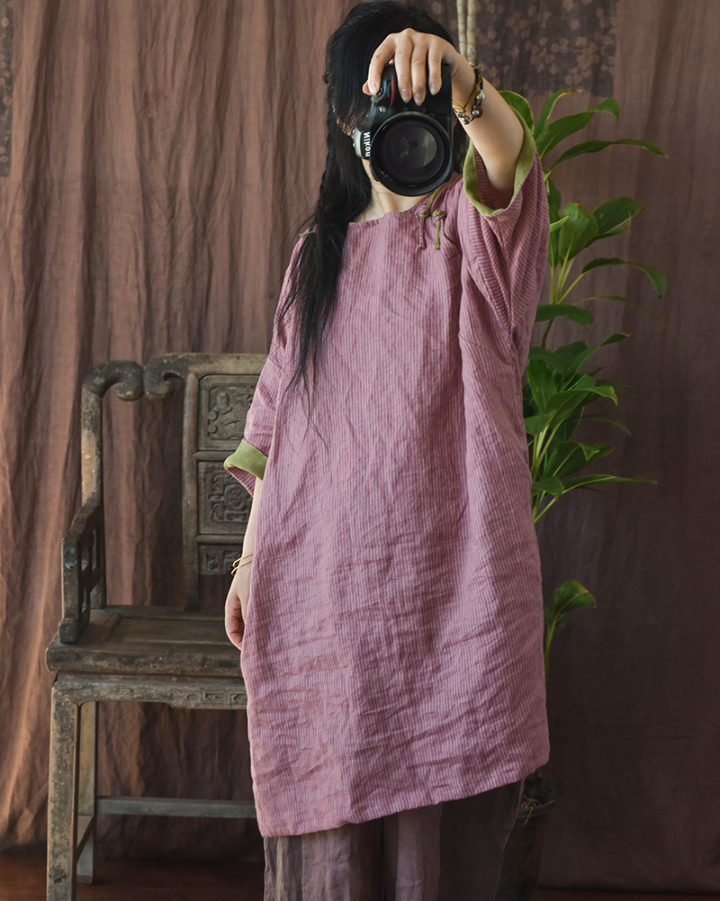 Hyacinth/Original striped contrasting color diagonal lapel hand-sewn button-up retro loose robe patchwork mid-length dress pic 8