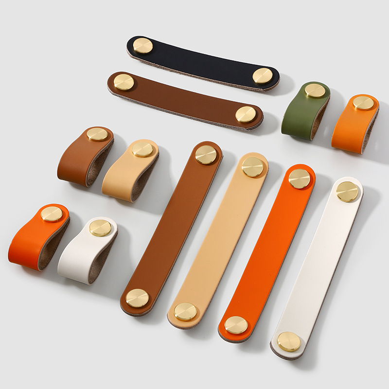 Direct sales from the manufacturer of cross-border colored brass leather handles for kitchen and wardrobe door leather handles, buttons, and leather material storage box handles pic 5