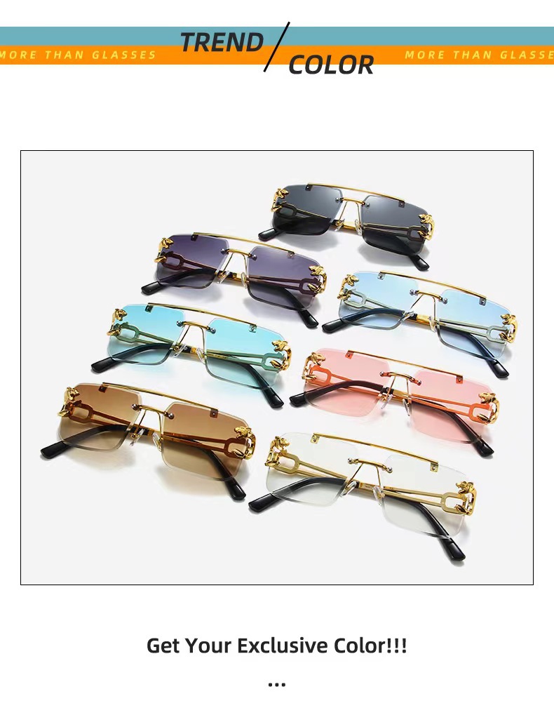 Crossover sin marco gafas de sol cabeza de leopardo moda corte de borde gafas de sol hombre temperamento mujer tendencia europea y americana influencers street raqueta gafas pic 9