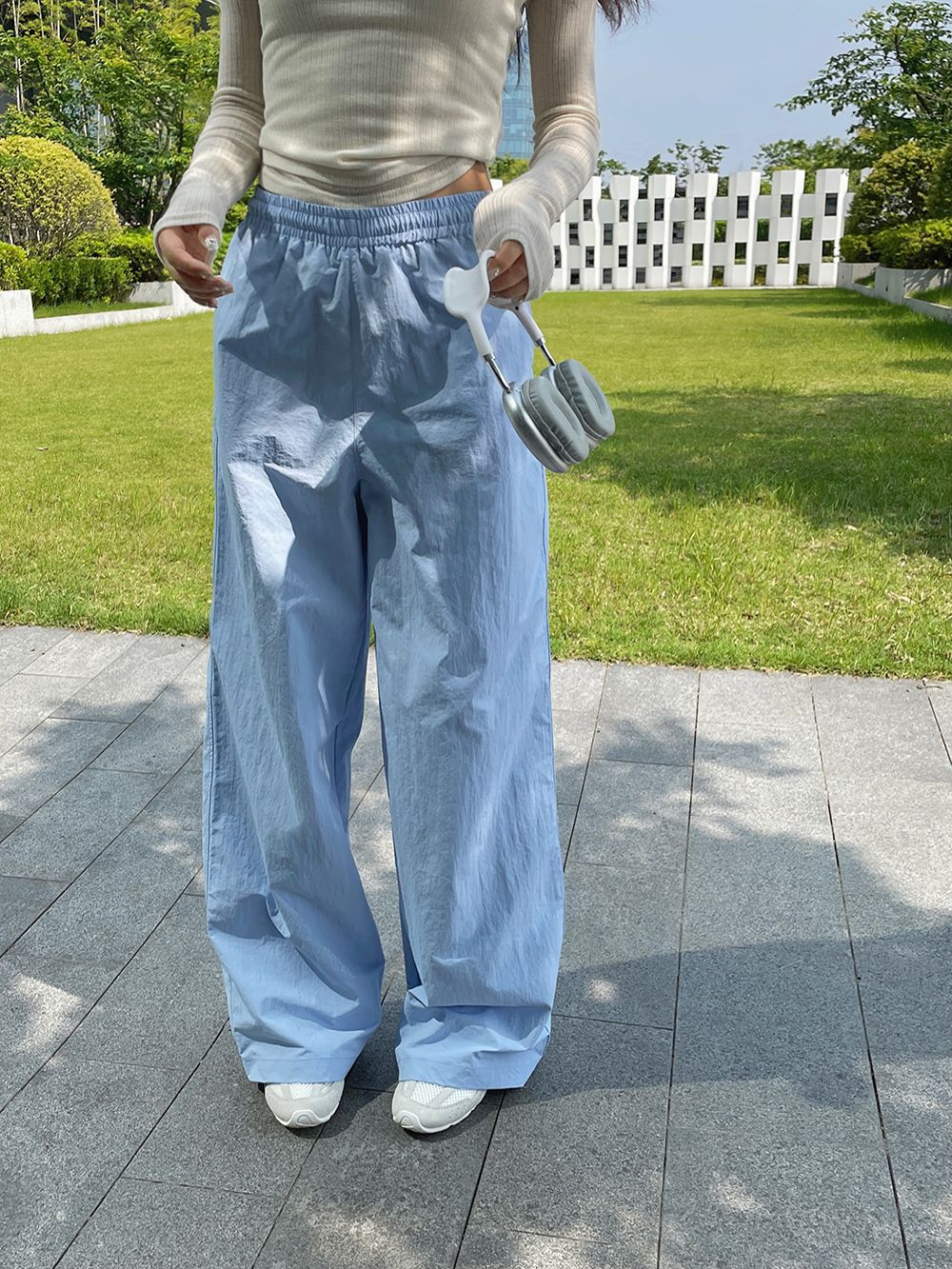 子川蓝色系清凉垂感工装裤女2024夏季新款松紧腰百搭直筒长裤8656详情29
