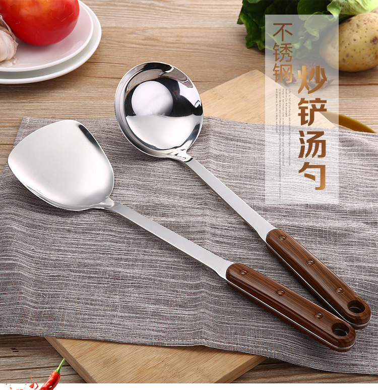 Chaosheng Hardware 201 Non-magnetic Stainless Steel 3-millimeter plastic handle wood-grain imitation cooking spatula, soup spoon and kitchenware set pic 1