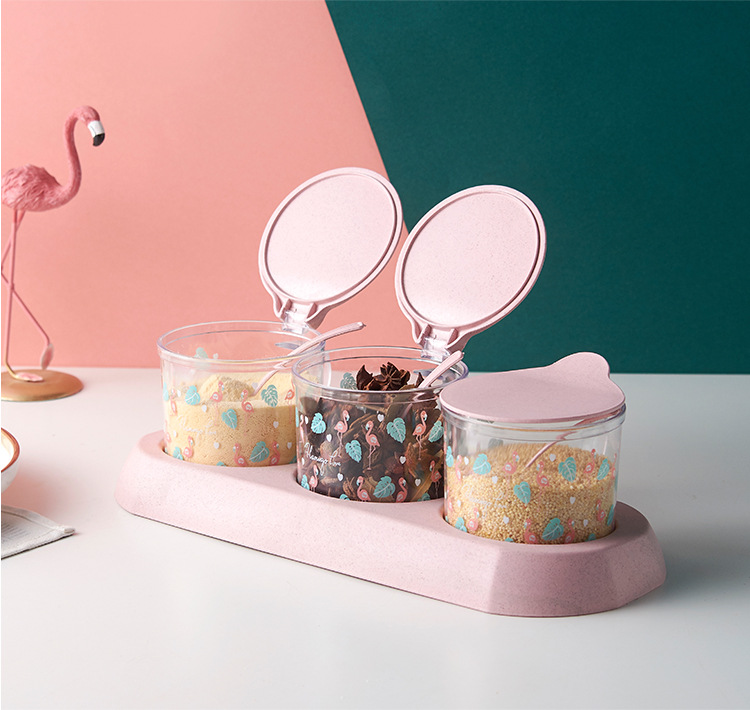 A round transparent seasoning box with a base and flamingo print, featuring three or four compartments, is a dust-proof kitchen seasoning storage jar pic 8