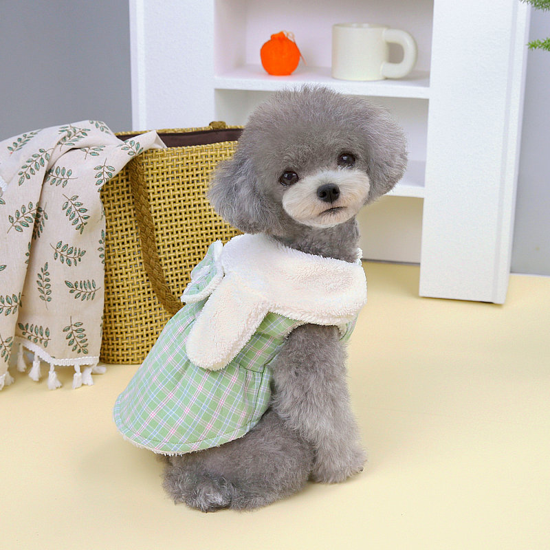 New sweet and ladylike checkered cotton dress for pet clothing in autumn and winter, cat dress that can be hung and pulled, 23 White Rabbit cotton dress pic 9