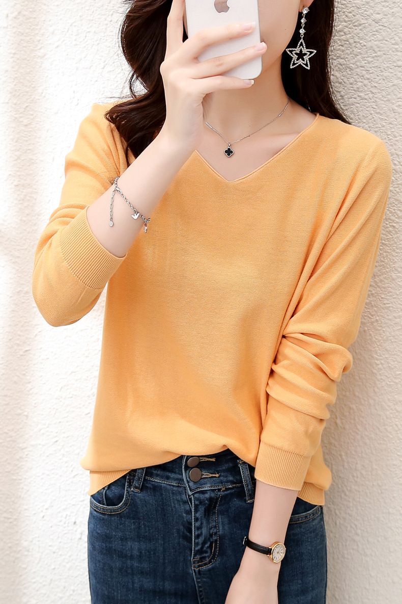 2023秋季女装全纯色棉麻针织T恤女V领长袖文艺大码外贸厂家批代发详情13