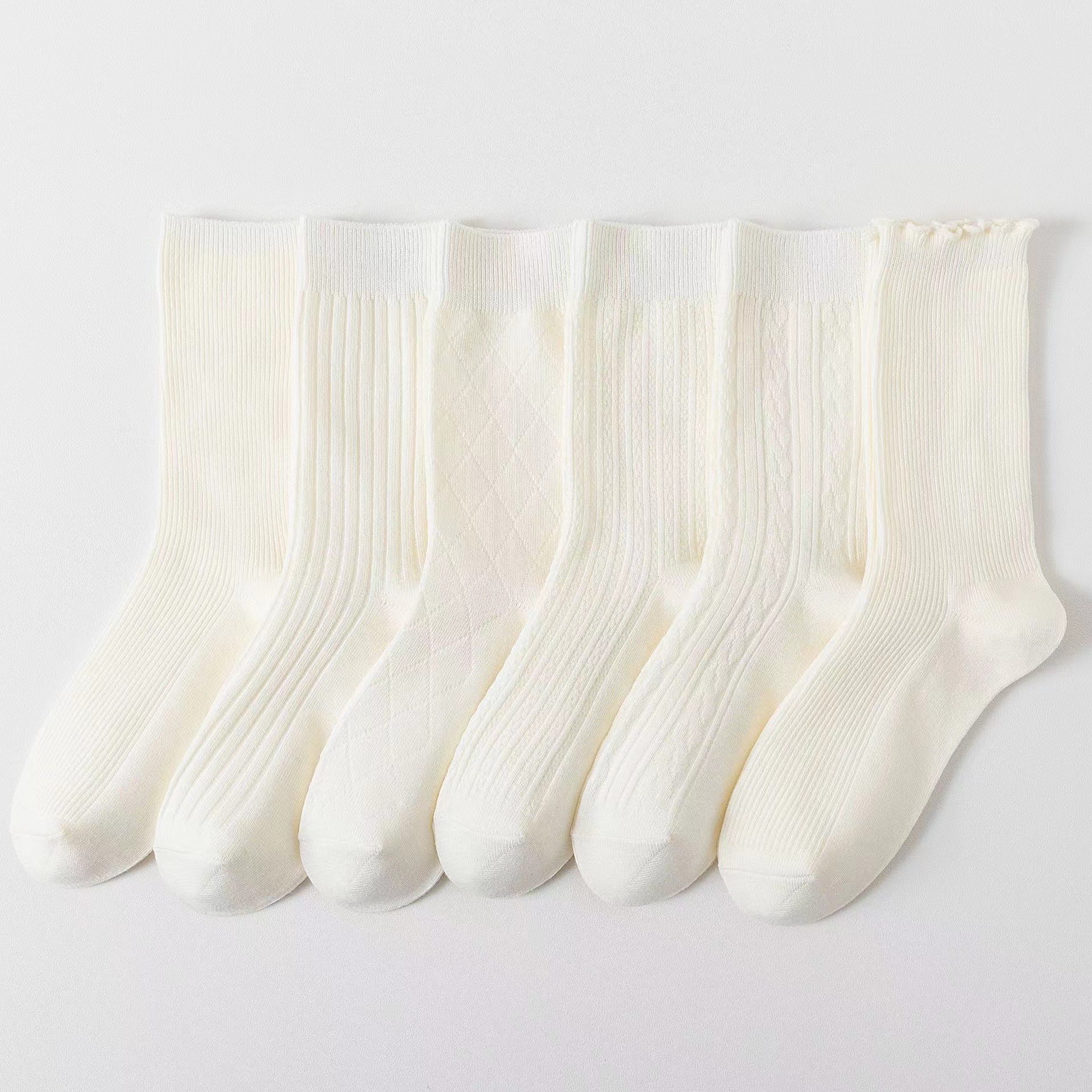 袜子女春夏季奶白色菱格麻花中筒袜日系学院风白色jk袜韩版堆堆袜详情1