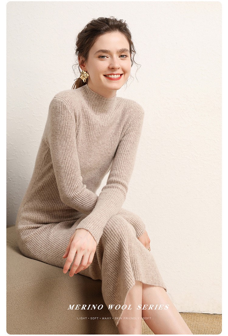 Early autumn semi-high-neck wool dress for women, mid-length sweater, knee-length cashmere knitted body-hugging skirt, long skirt as a base layer pic 5