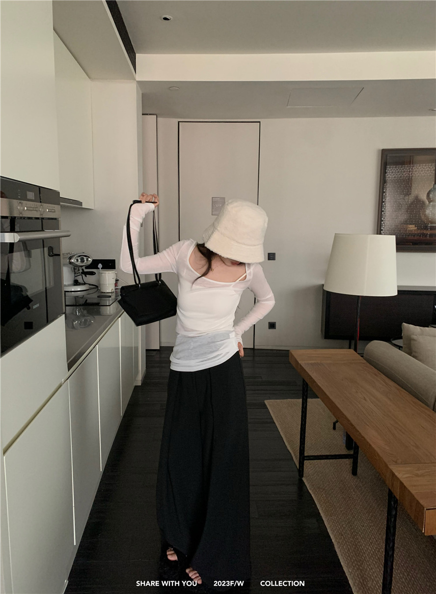 基础款纯色简约百搭舒适慵懒风薄款上衣U领打底衫内搭长袖t恤女详情23