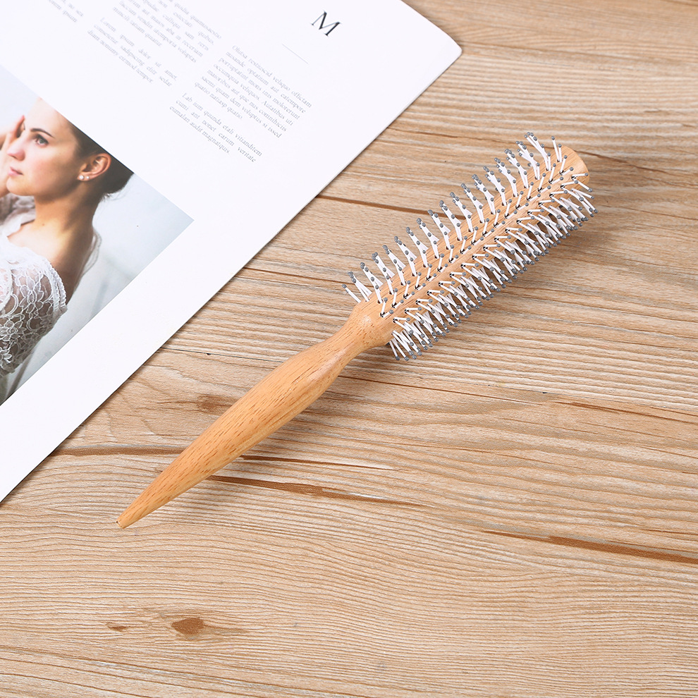 Factory direct sales of curly hair combs, wooden color, inner buckle design, round anti-static wooden comb pic 2