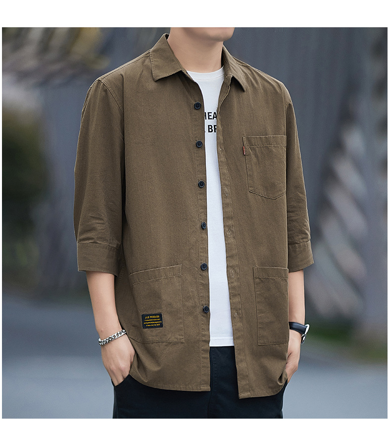 夏季男式衬衫 100棉七分袖宽松透气纯色青春潮流日系工装青年衬衣详情14