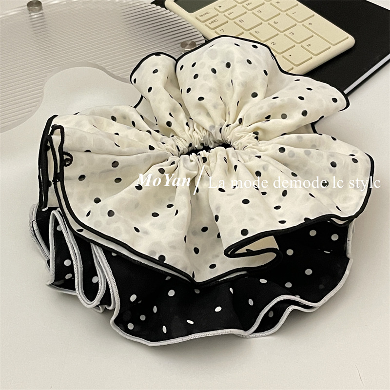 Double-layer white large polka dot large intestine hair band, elegant retro edge hair tie, French simple and elegant hair flower hair tie pic 16