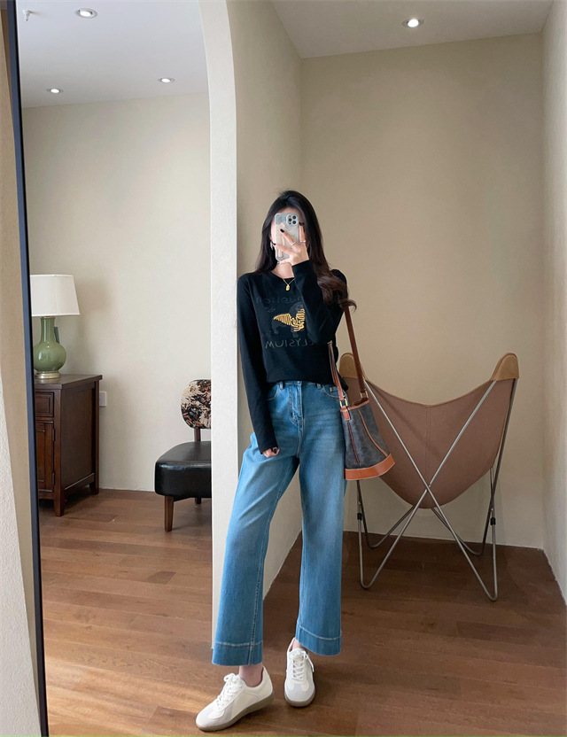 Playful and youthful embroidered printed puppy loose straight top straight-shoulder round-neck long-sleeved T-shirt for women 2025 early Spring G021418 pic 38