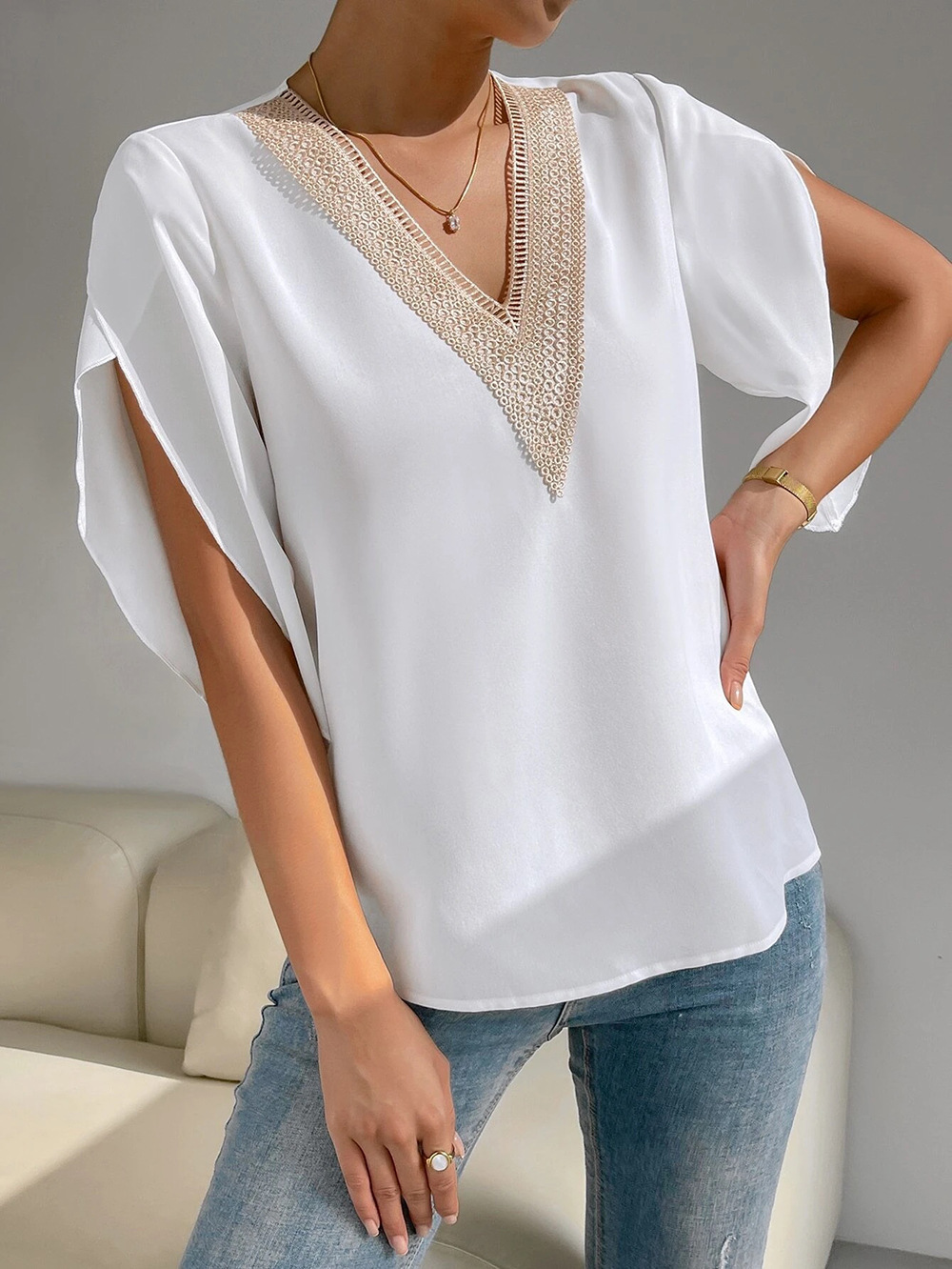 Amazon 2023 Spring/Summer New V-neck lace solid color top, elegant short-sleeved chiffon shirt for women pic 28