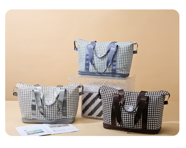 潮流时尚千鸟格花纹手提旅行包大容量运动收纳健身包可折叠背包详情17