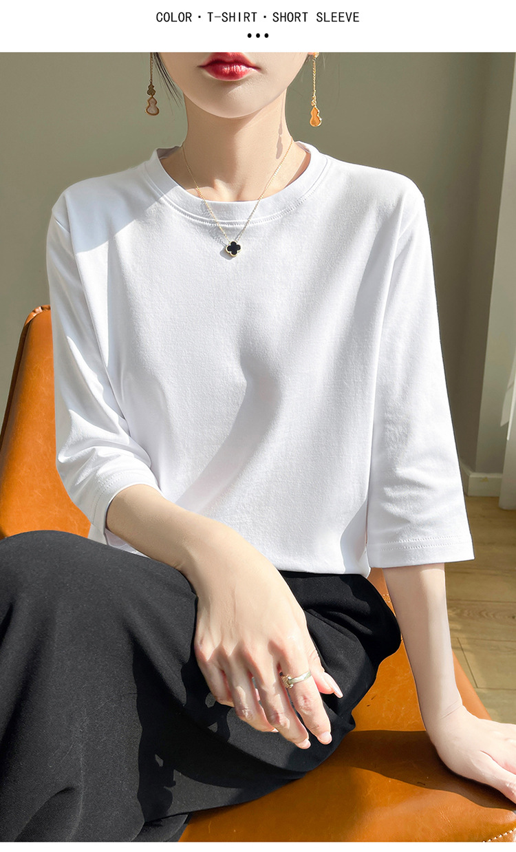 圆领丝光棉七分袖t恤女2024春夏新款气质百搭棉线打底衫半袖女详情11