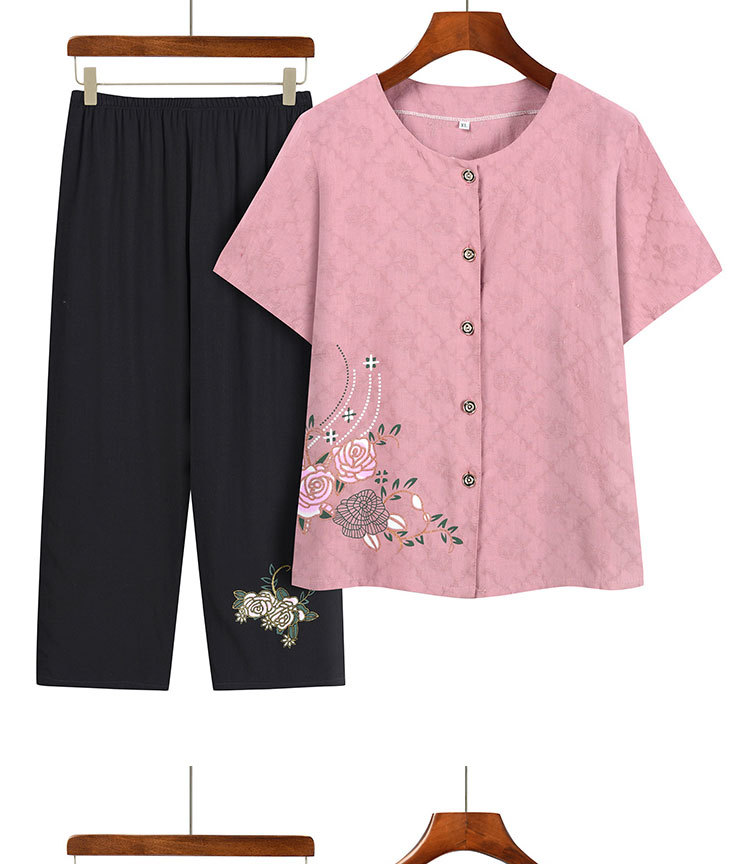 妈妈装夏季中老年人女款奶奶两件套短袖圆领开衫印花上衣套装衣服详情7