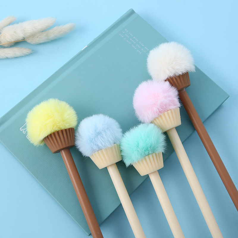 Korean version 2161 Creative ice cream Cone ball gel Pen Cute Ice cream, colorful plush ice cream, decorative signature pen pic 1