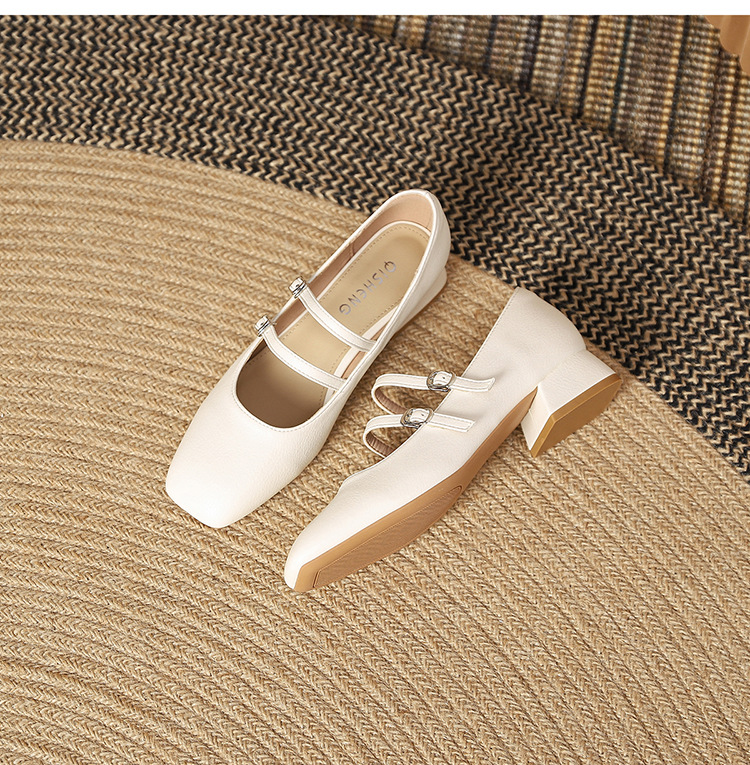 The new 2024 Spring/autumn collection of Mary Jane shoes, featuring a stylish square-toed one-shoulder style, is made of genuine leather with a shallow opening, thick mid-heel, and is a wedding shoe pic 41