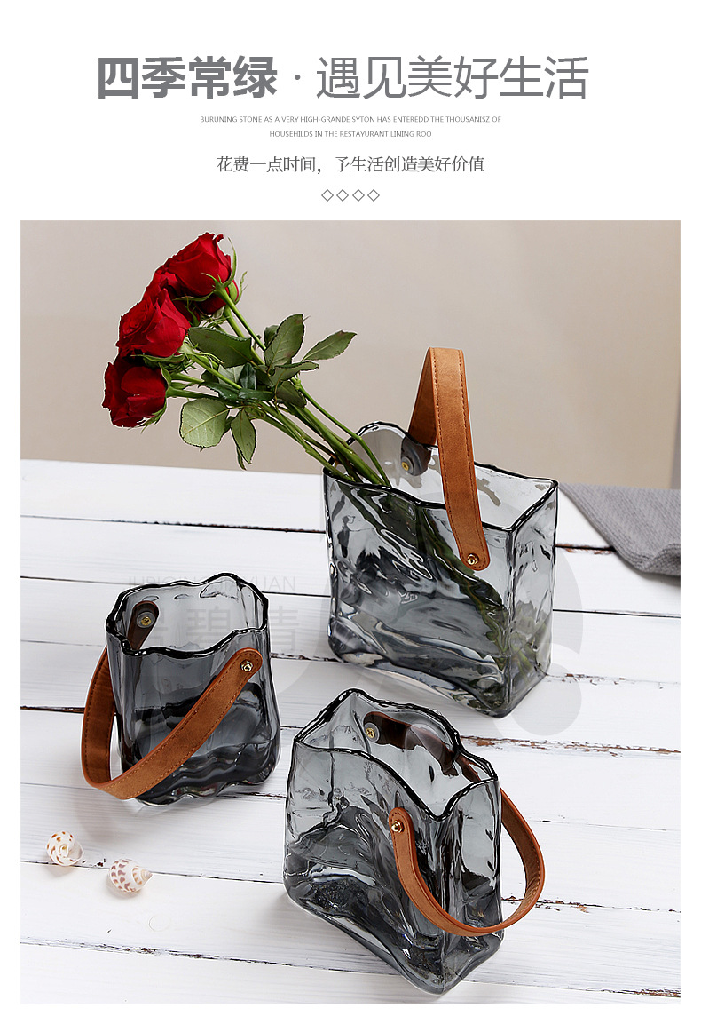 北欧ins风皮带褶皱手提包包玻璃花瓶设计师奶油鲜花花篮详情7