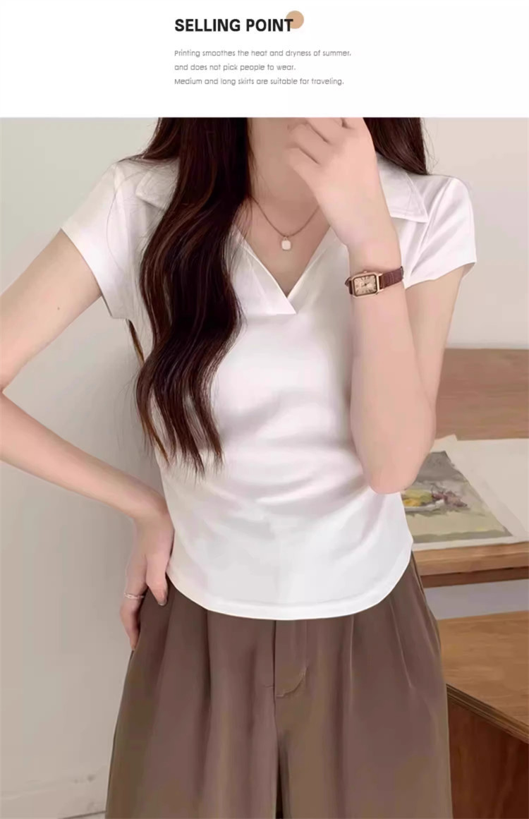 polo collar slimming and form-fitting shoulder T-shirt for women, short sleeve, pure and hot girl, short design with a cinched waist, top for summer pic 25