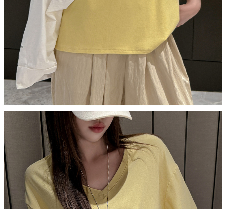 夏季韩系大版落肩袖V领短袖t恤女式基础款外穿高级感慵懒风上衣潮详情21