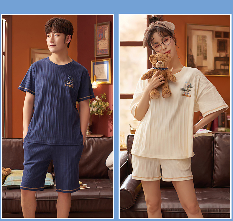 Novedades pareja manga corta pantalones cortos pijamas mujer verano slim algodón peinado hombre traje de hogar suelto casual cartoon pic 29