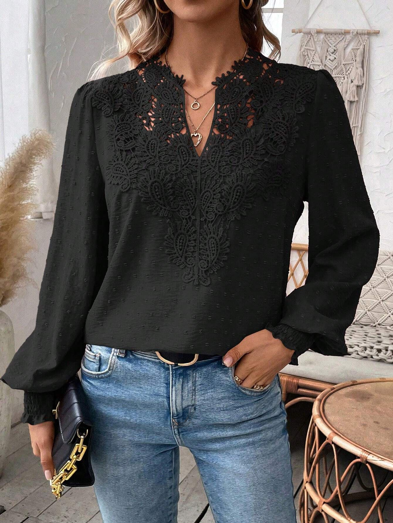 The new autumn and winter fashion V-neck lace solid color long-sleeved casual T-shirt for women on Amazon Cross-border in Europe and America in 2024 pic 34