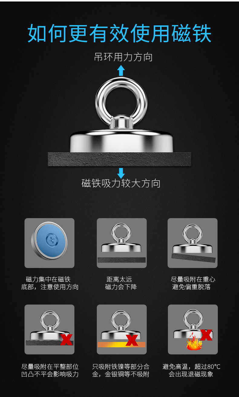 强力打捞磁铁 强磁吸铁石吊环 钕铁硼吸盘挂钩  强力磁铁打捞器详情7
