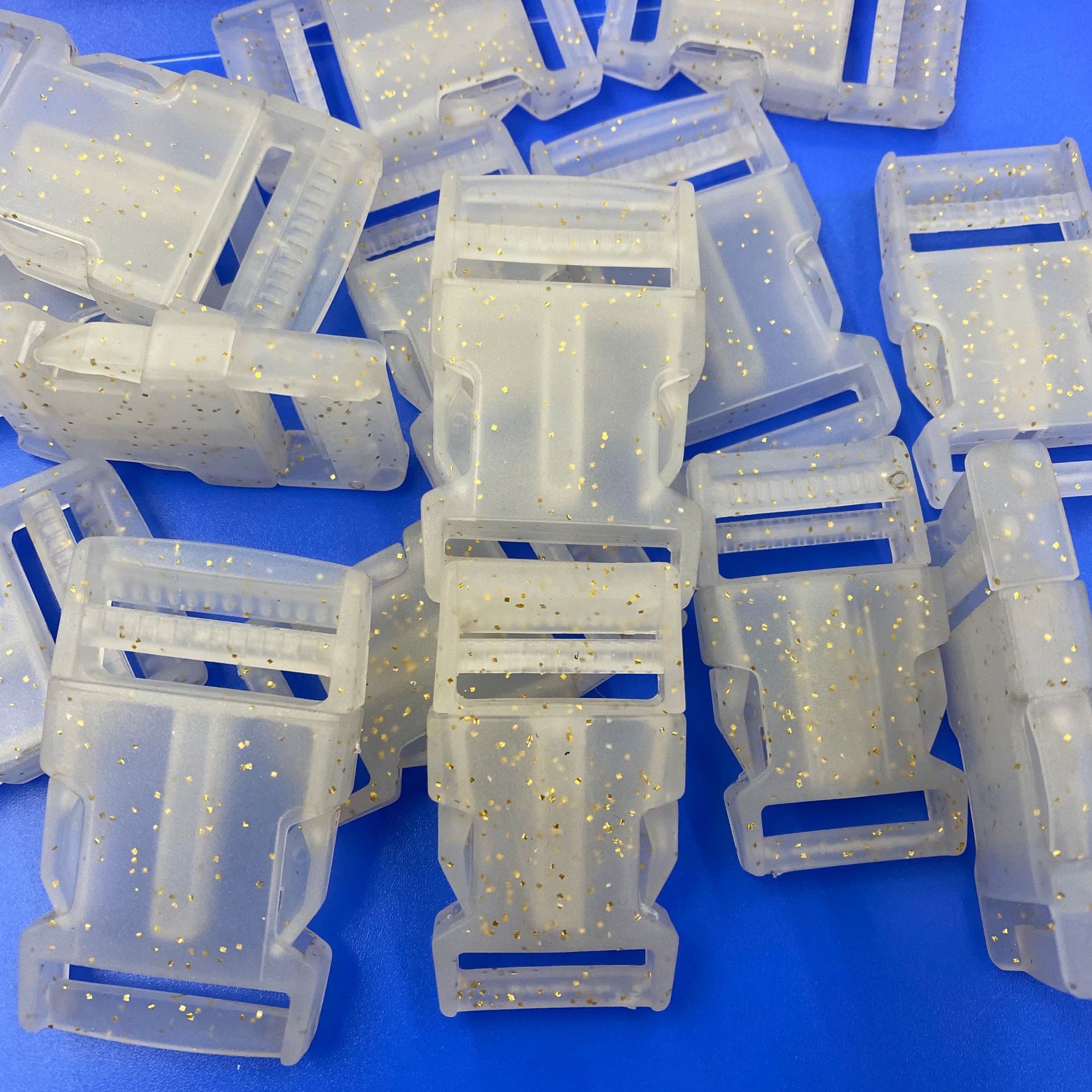 Semi-transparent golden powder-coated plastic buckles, bag webbing, and backpack buckles can be produced as per requirements pic 7