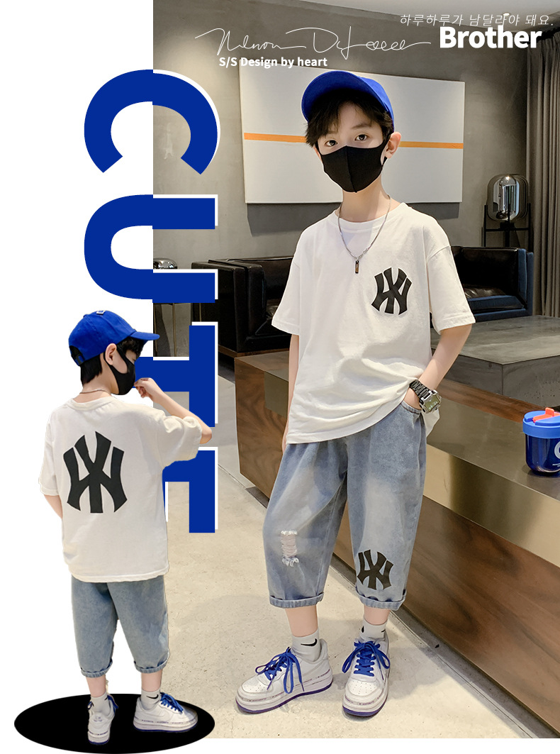 童装2023新款男童夏季套装中大童男孩夏装儿童短袖字母印花两件套详情1