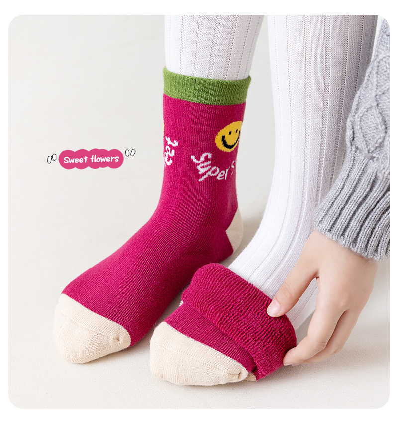 秋冬毛圈加厚儿童袜子全精梳棉 宝宝毛巾袜中筒可爱卡通黑白袜子详情12