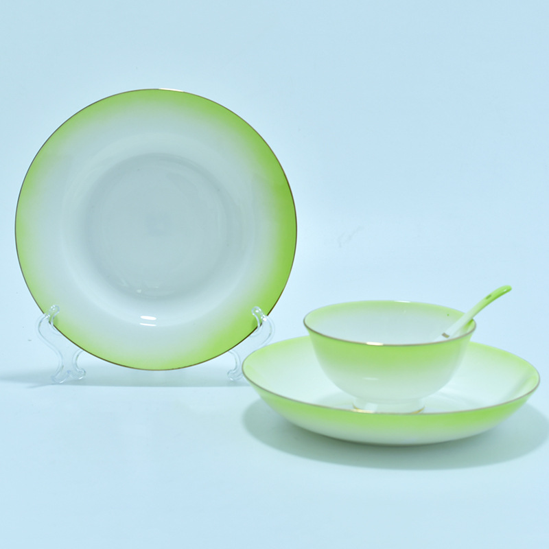 现代简约家用碗盘套装42头骨瓷釉中彩金边渐变绿饭碗餐具礼品批发详情15