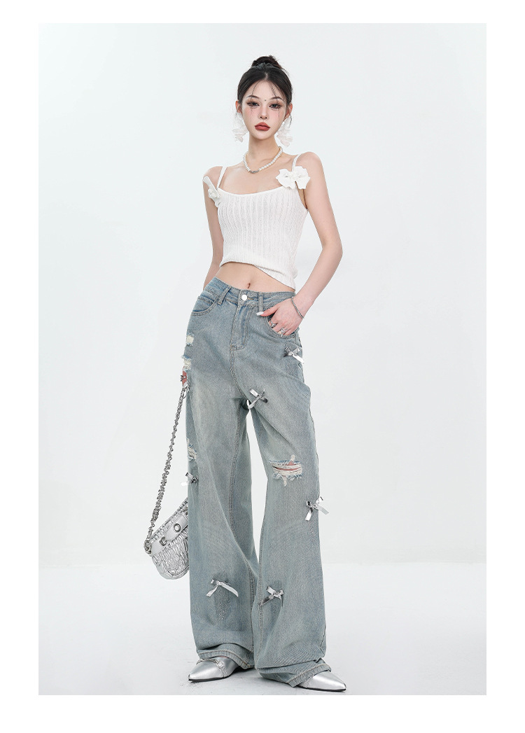 Large-sized retro three-dimensional bow ripped jeans for women with a summer design sense, high-waisted straight-leg loose wide-leg pants pic 1